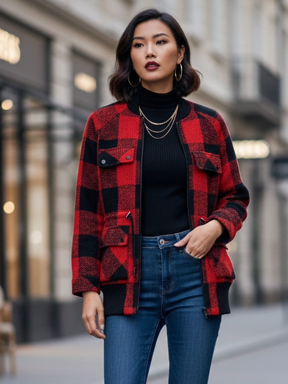 Guess Womens Red Black Buffalo Plaid Full-Zip Flap Pocket Bomber Jacket Size M